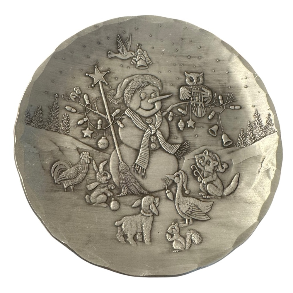 Wendell August Forge Snowman 4.25” Pewter Coaster Plate  Christmas Holiday VTG